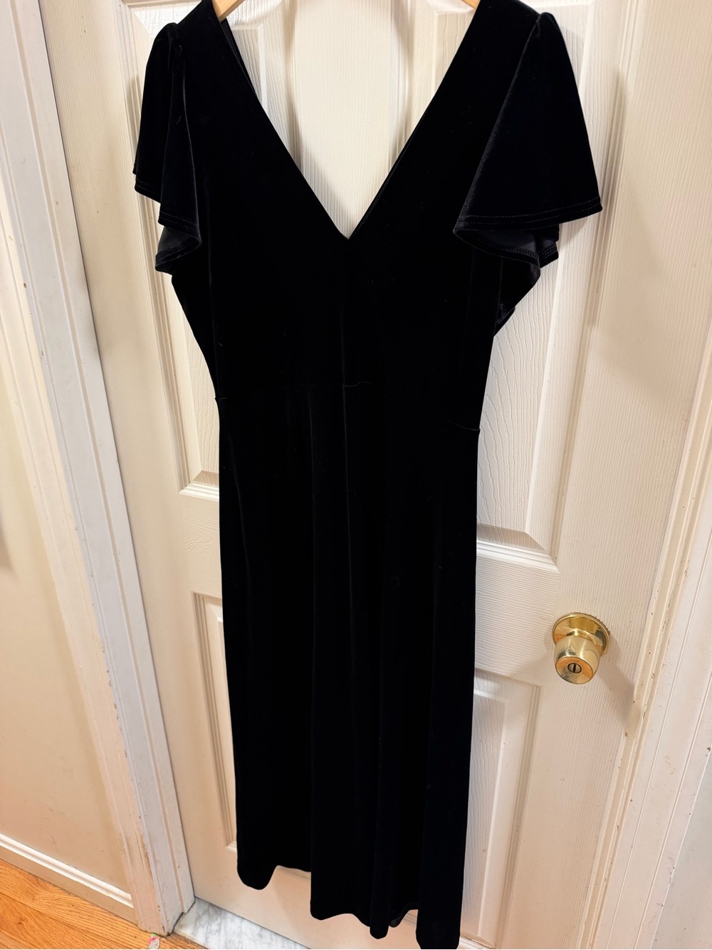 Birdy Grey Black Velvet V-Neck Flutter-Sleeve Midi Dress